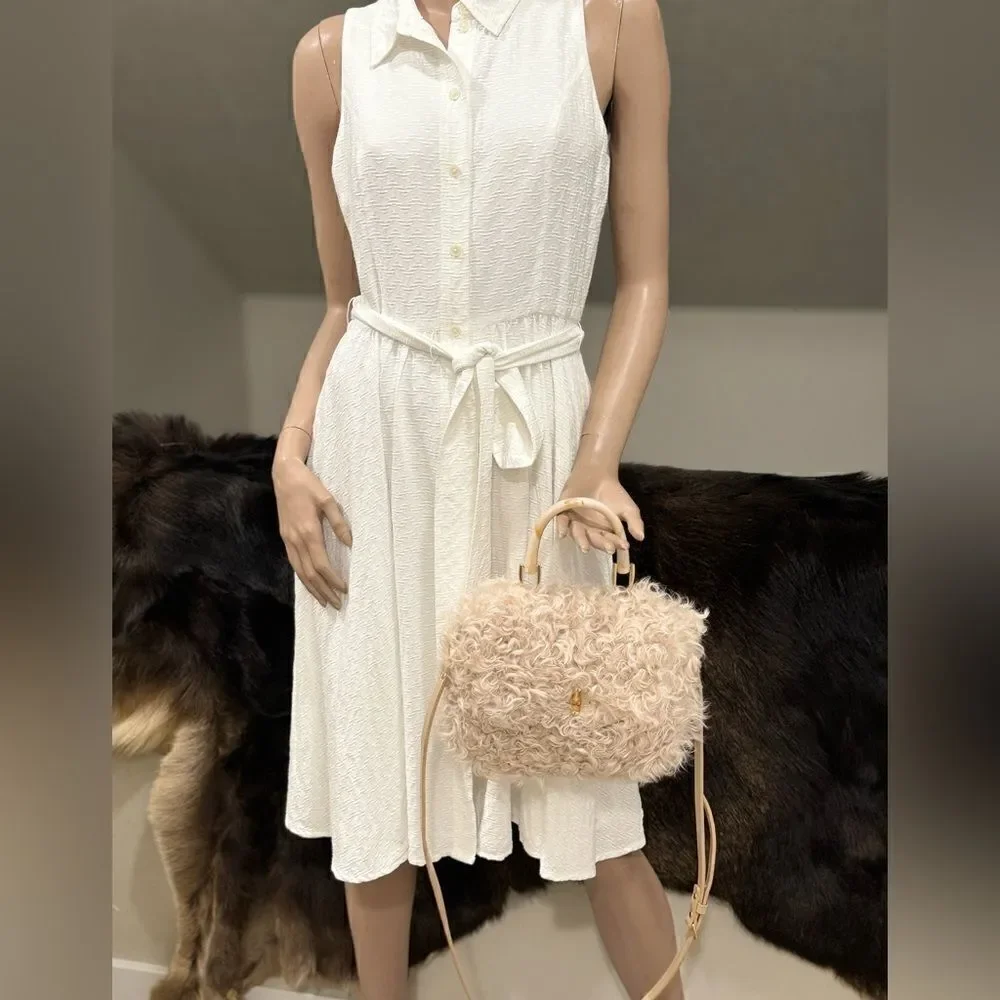 Beige Genuine Curly Shearling Top Handle & Fold Over Flap Purse, Crossbody